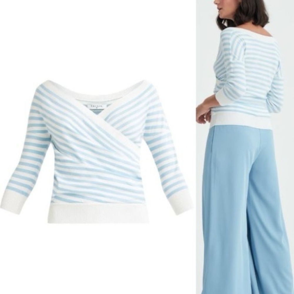 Blue and white Striped Knitted Wrap Top With 3/4 Sleeves